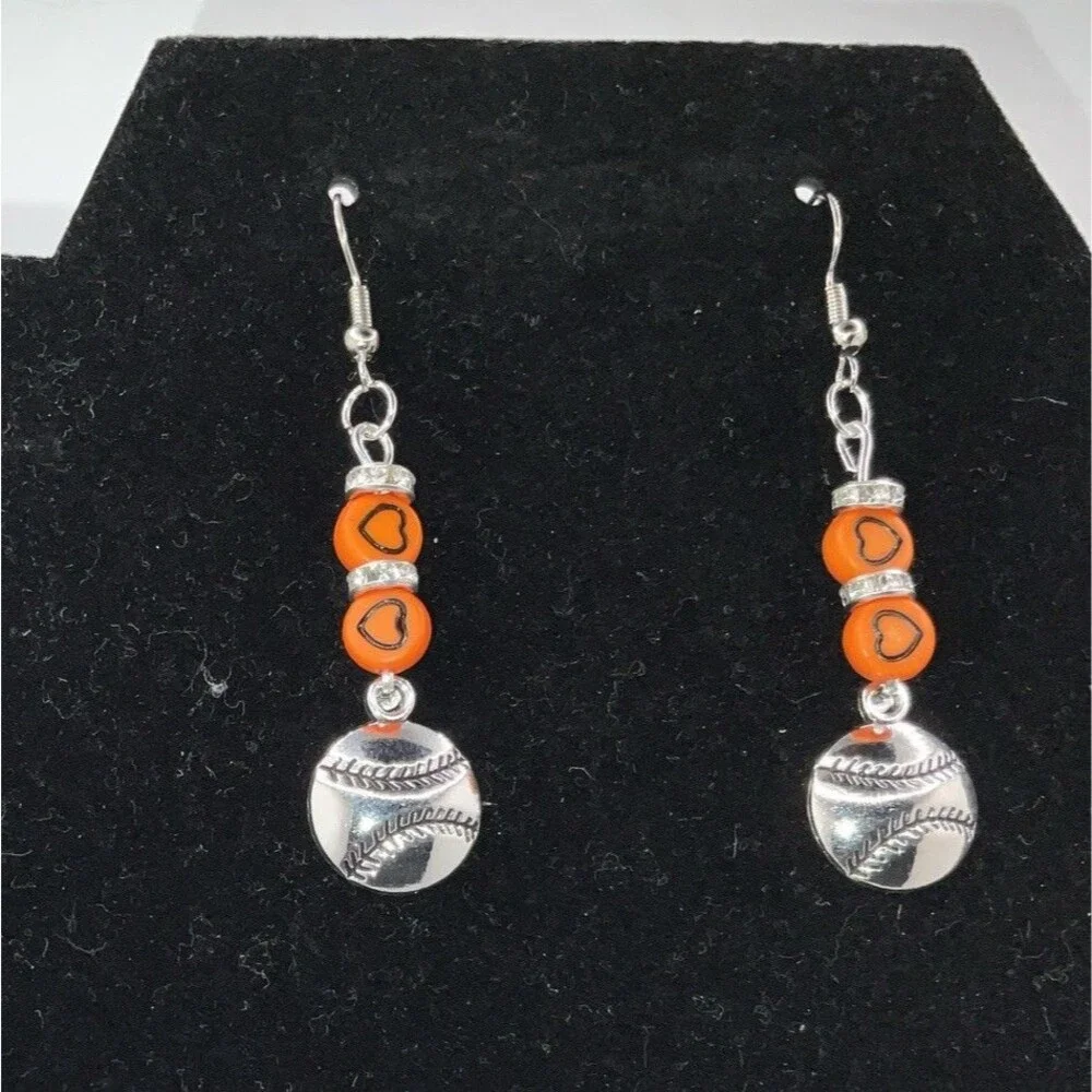 Baseball, Softball W/ Org. Hearts Hook Earrings Shiny Finish Silver PlayBall New